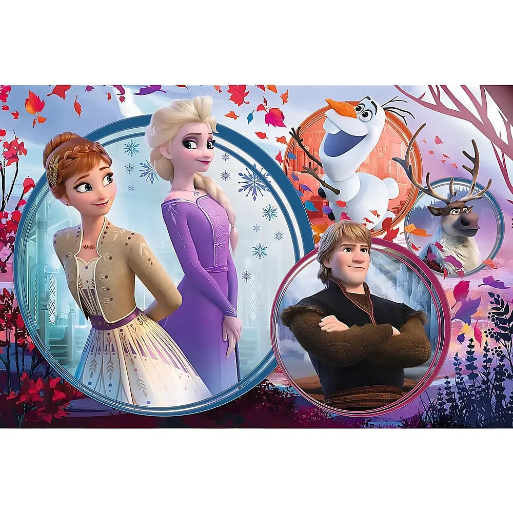 Anna, Elsa, Olaf, Sven e Kristoff di Frozen in ritratti circolari con sfondo autunnale.