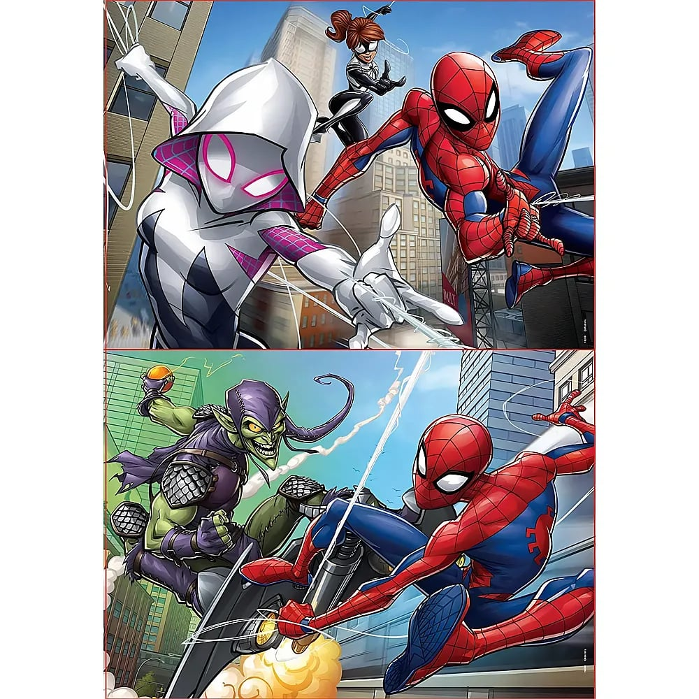 Spider-Man Charaktere schwingen sich durch die Stadt und bekämpfen den Grünen Goblin.