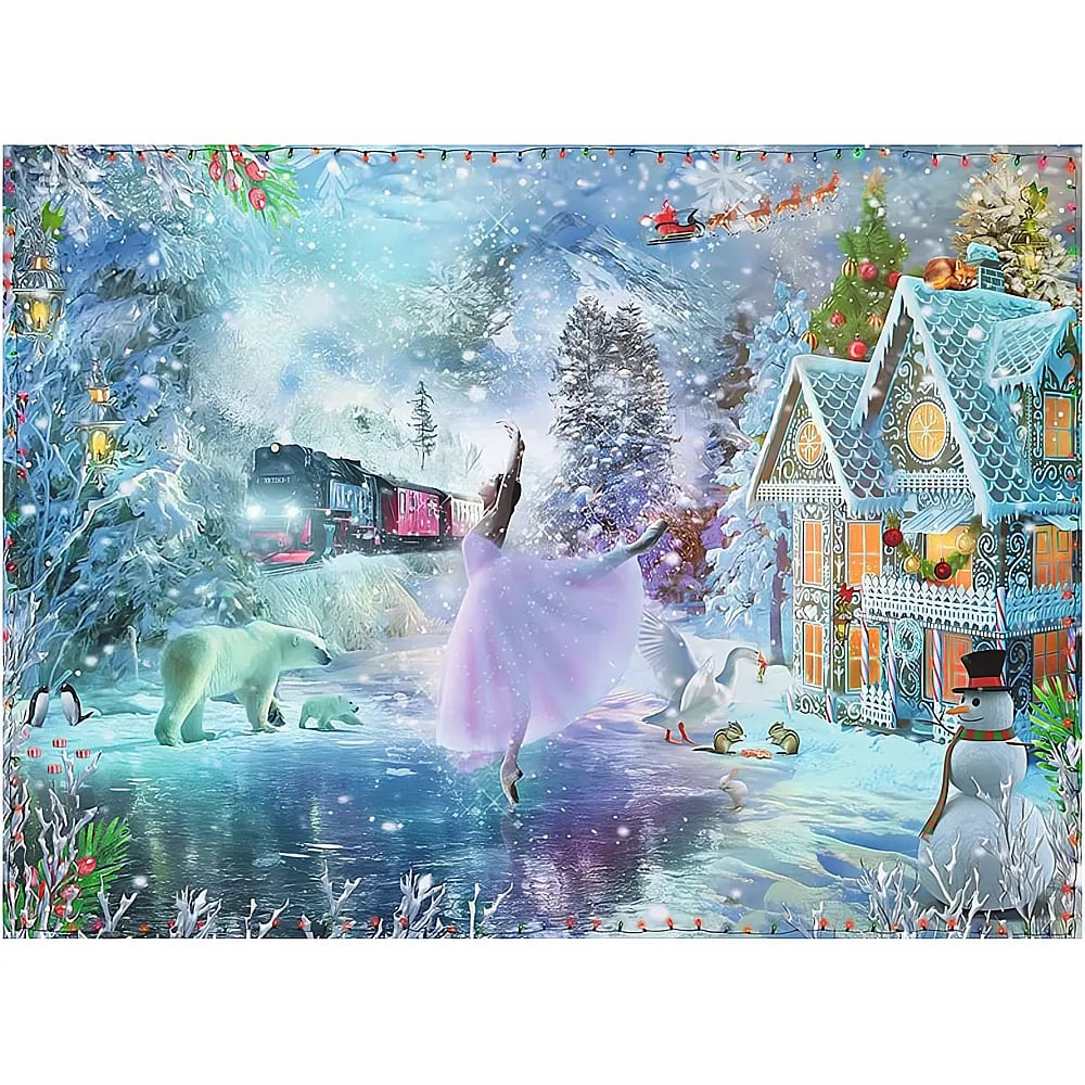 Eine magische Winterszene mit Ballerina im rosa Kleid, Eisbären, Zug und Lebkuchenhaus im Schnee.