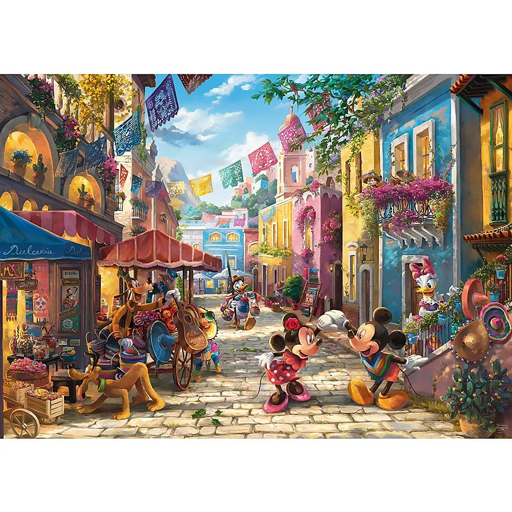 Mickey und Freunde in einer bunten mexikanischen Straße mit festlichen Bannern.