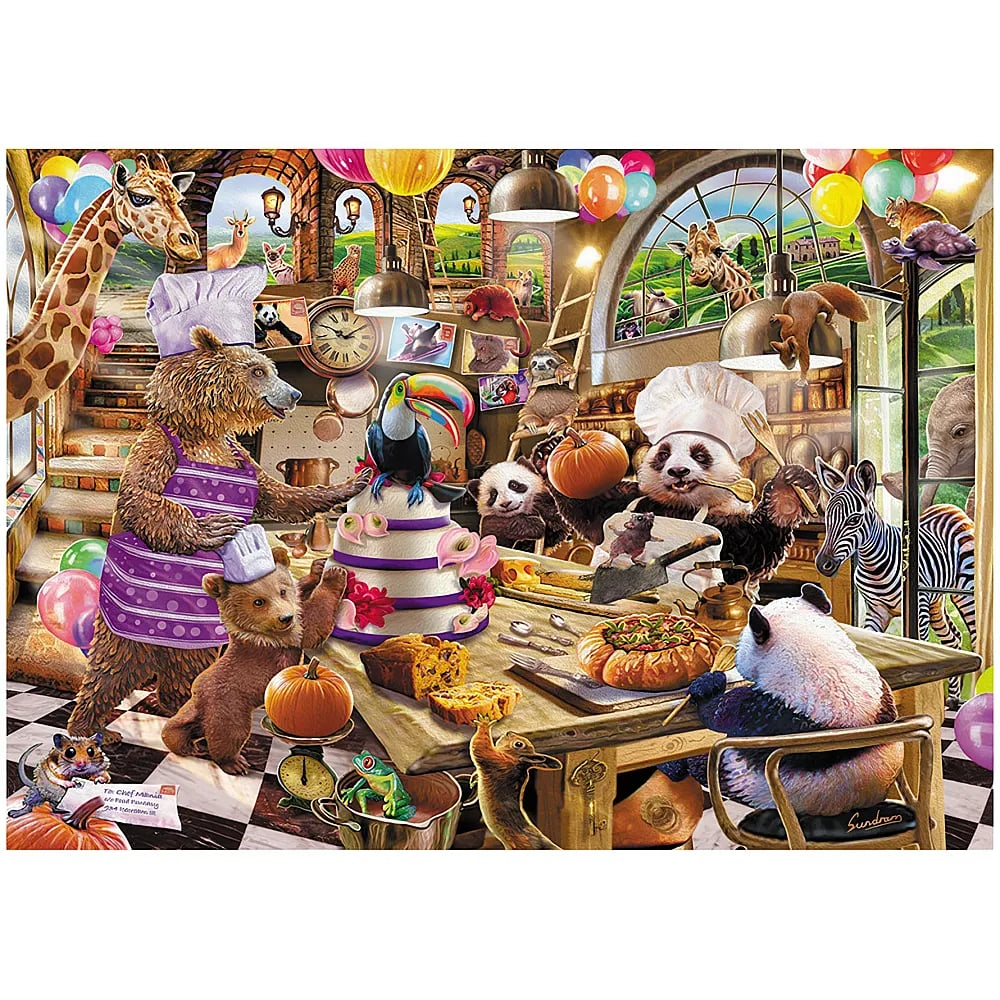 Una escena de cocina caprichosa muestra a varios animales como un oso, pandas y un tucán cocinando juntos.