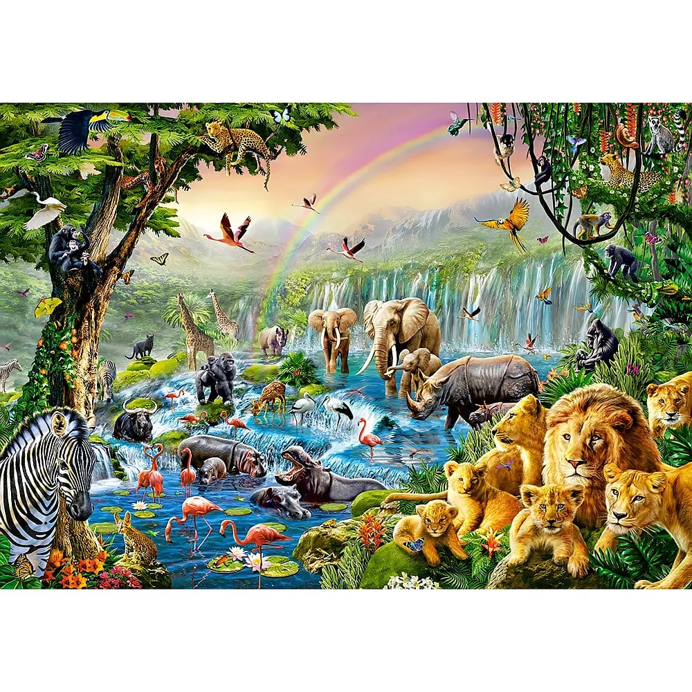 Ein lebendiger Dschungel voller Tiere, ein Fluss, Wasserfälle und ein Regenbogen im Hintergrund.