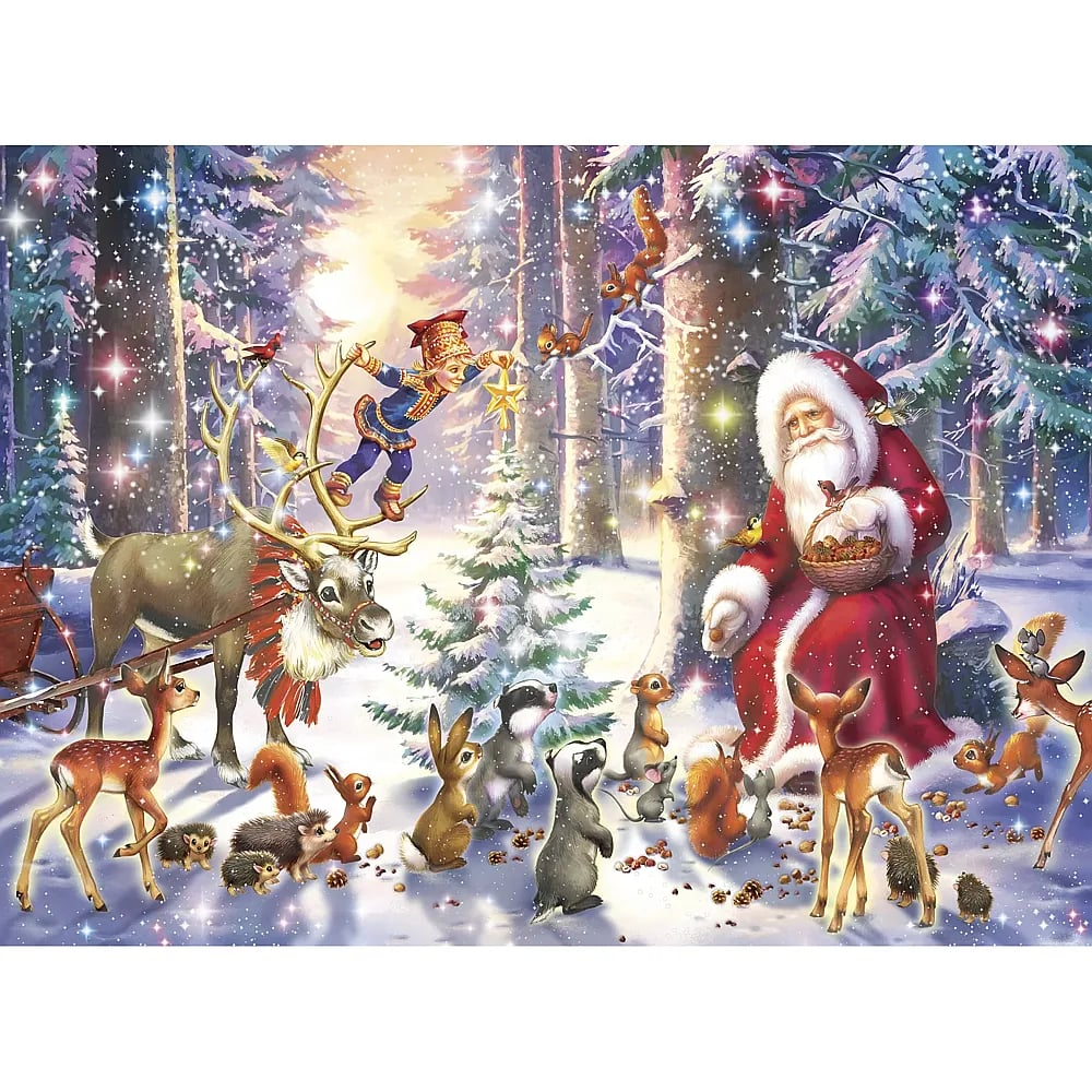 Weihnachtsmann in einem verschneiten Wald, umgeben von freundlichen Tieren wie Rehen, Eichhörnchen und Dachsen.