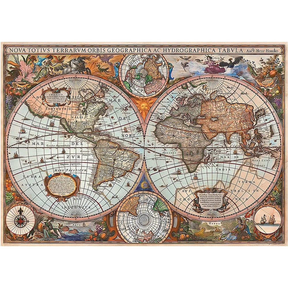 Alte Weltkarte von Henricus Hondius mit zwei Hemisphären, mythologischen Figuren und lateinischen Beschriftungen.