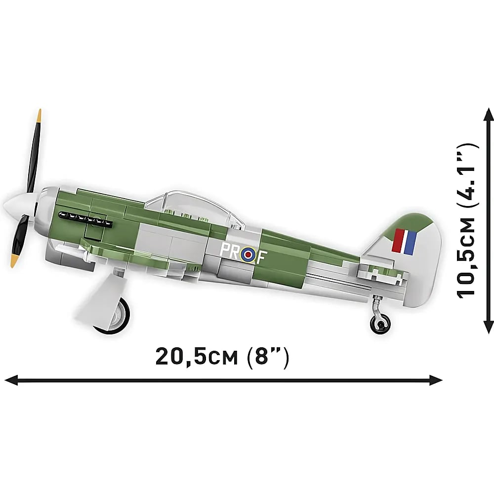 Un avion jouet en blocs verts et gris mesurant 20,5 cm de long et 10,5 cm de haut.