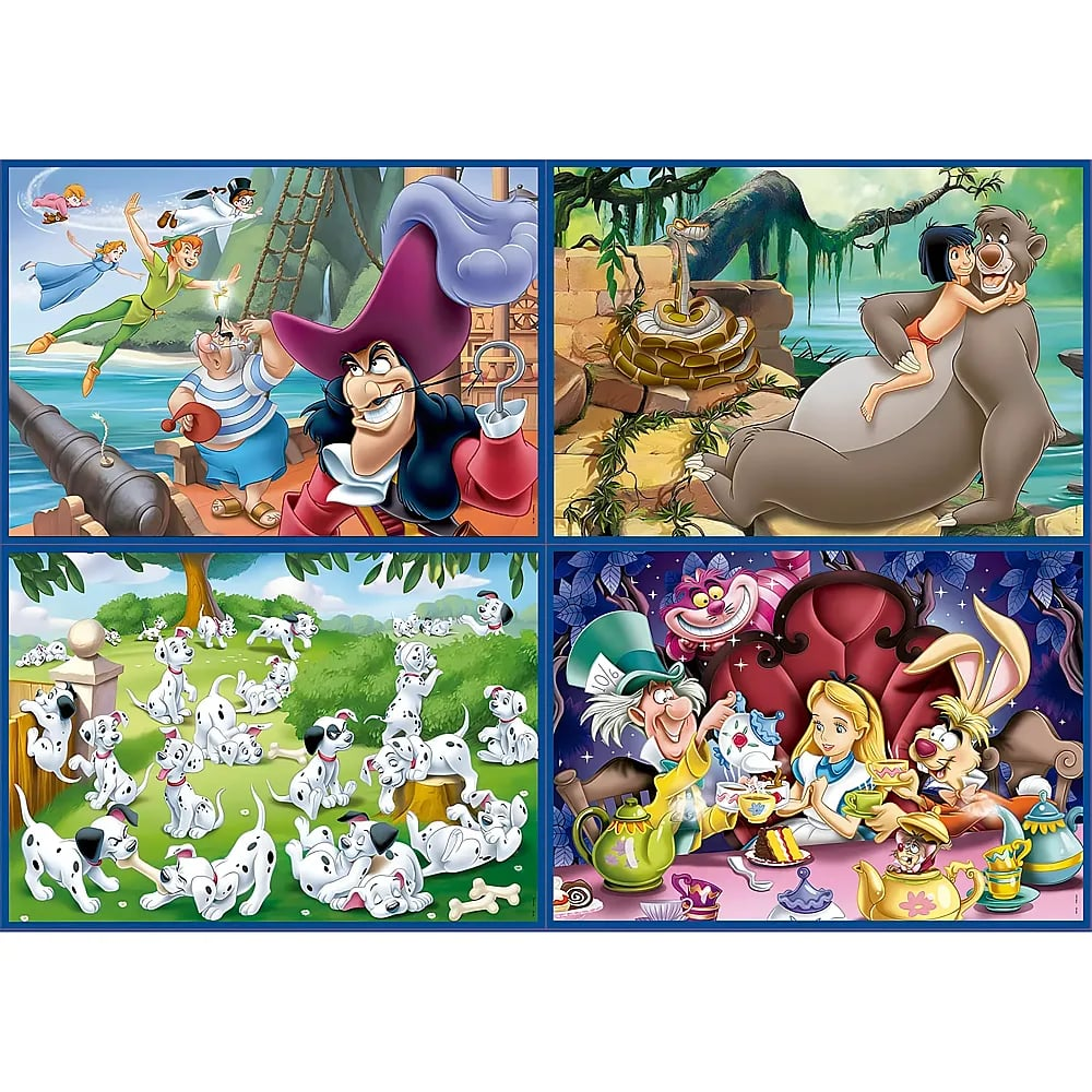 Collage de escenas de Disney con Peter Pan, El libro de la selva, 101 dálmatas y Alicia en el país de las maravillas.