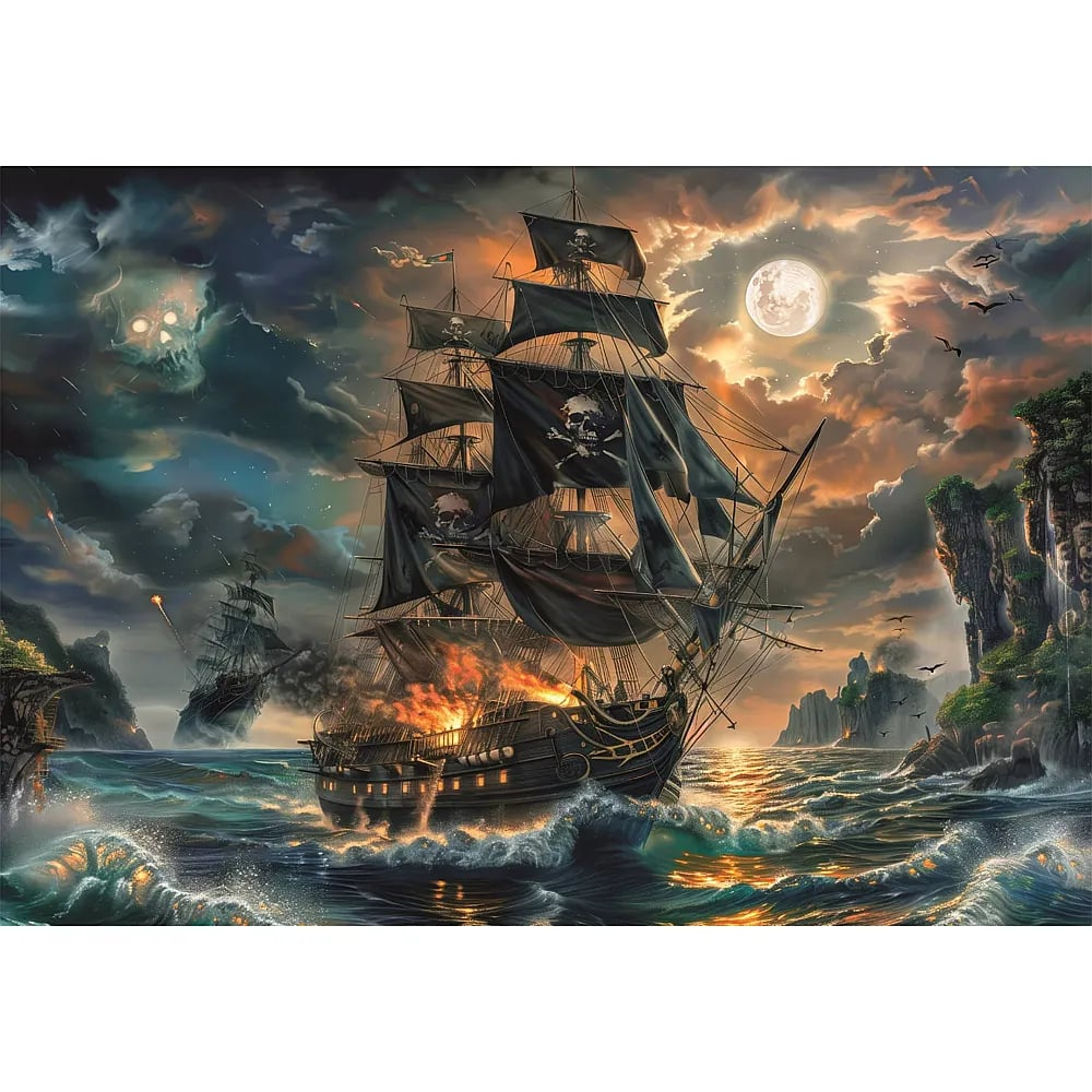 Un barco pirata en llamas con banderas de calaveras navega en mar tempestuoso por la noche bajo la luna llena.