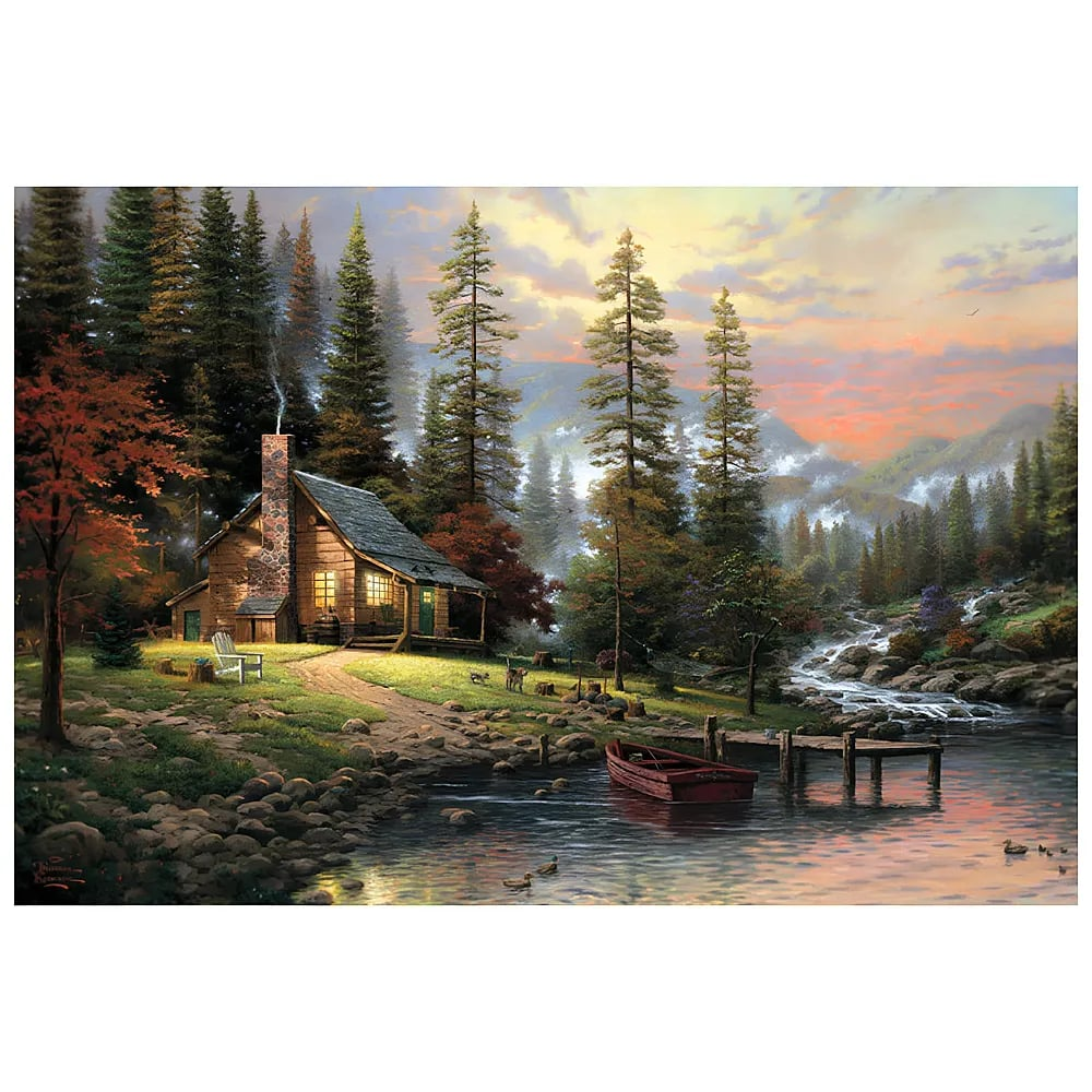 Un'accogliente baita di legno lungo un fiume al tramonto con barca e molo.