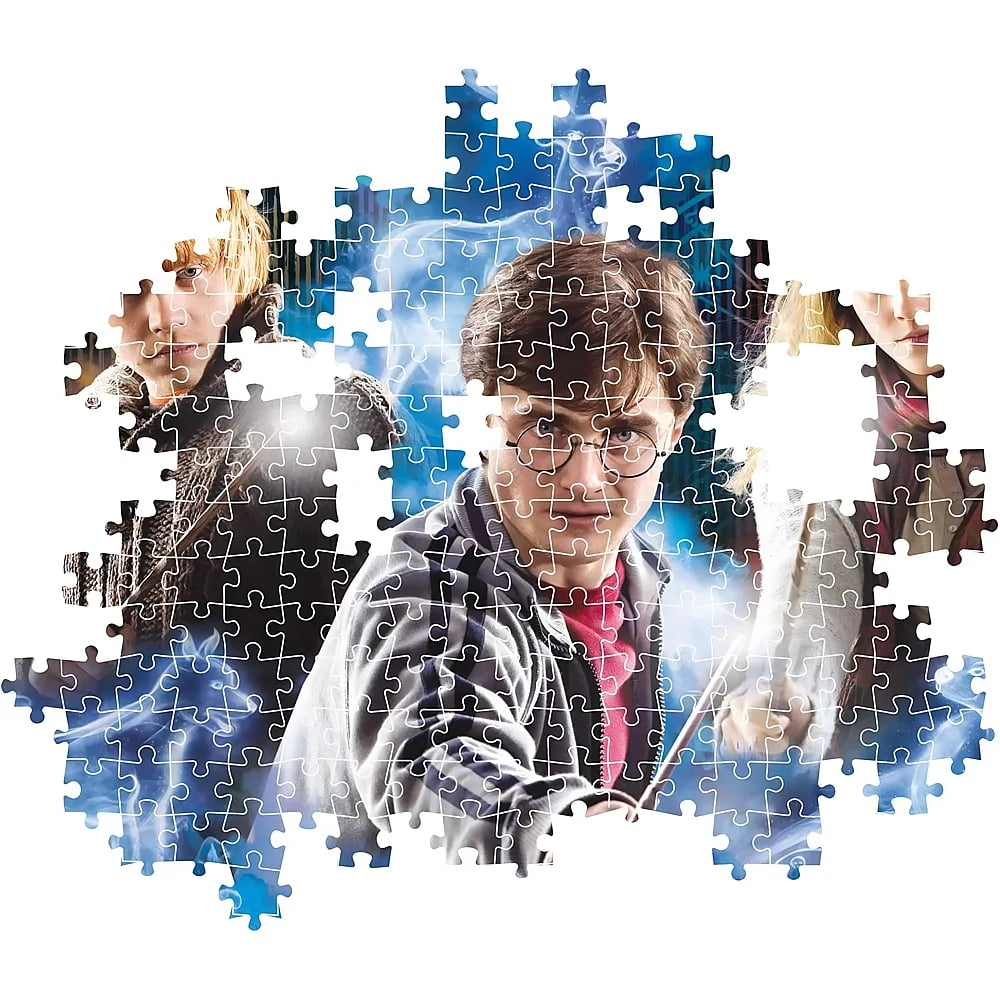 An incomplete Harry Potter jigsaw puzzle featuring Harry, Ron, and Hermione with blue magic.