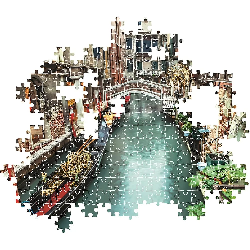 Ein unvollständiges Puzzle zeigt einen venezianischen Kanal mit Gondel, Brücke und historischen Gebäuden.