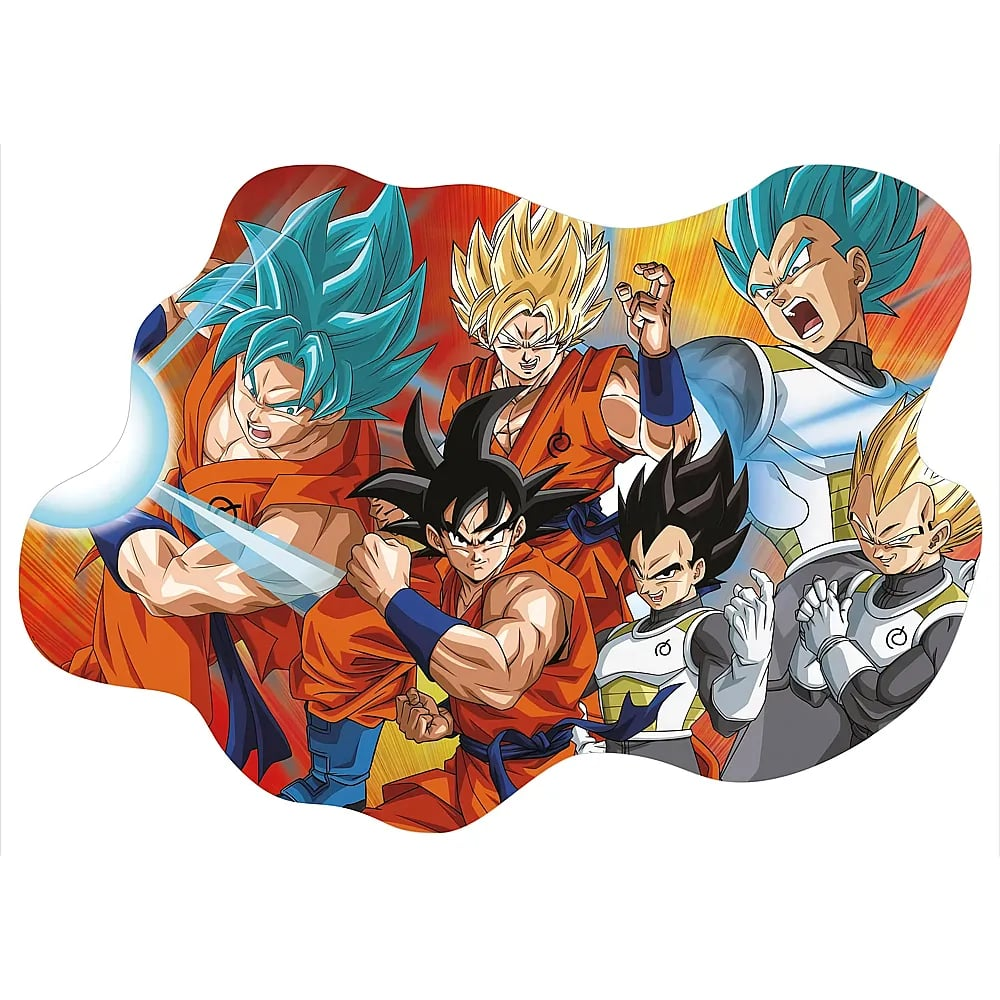 Anime-Charaktere wie Goku und Vegeta in verschiedenen Transformationsstufen in einem farbenfrohen Hintergrund.