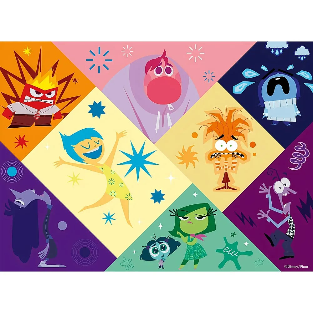 Verschiedene Charaktere aus Inside Out in bunten geometrischen Feldern.