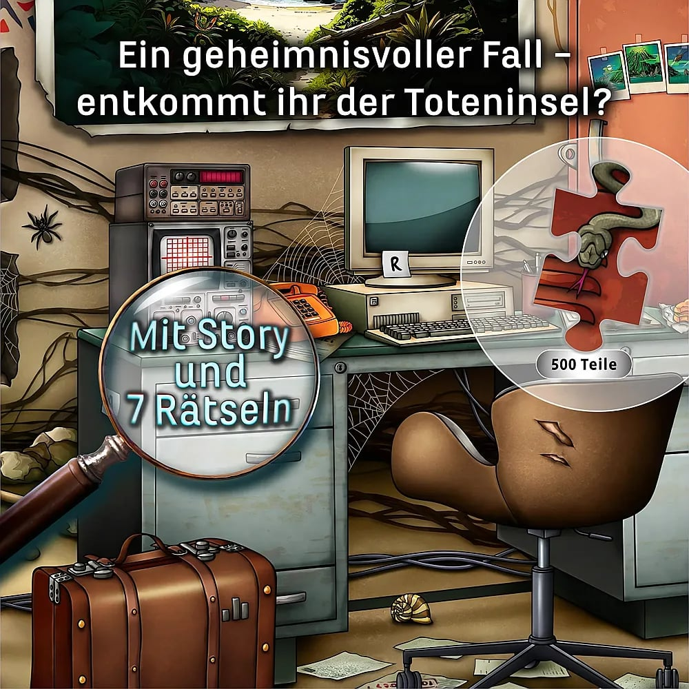 Ein geheimnisvolles Arbeitszimmer mit Computern, Geräten und einem Puzzleteil mit Schlange.