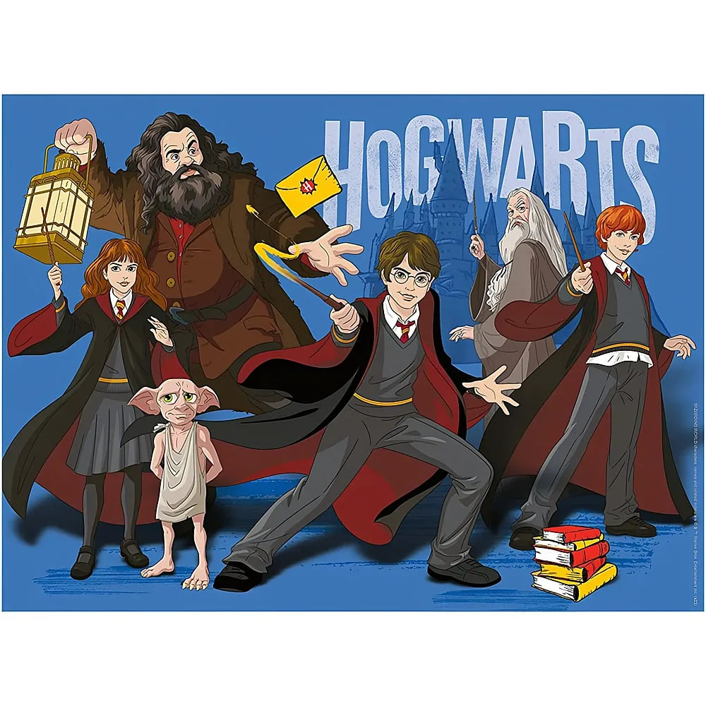 Illustration von Harry-Potter-Figuren wie Harry, Hermine, Ron, Hagrid, Dumbledore und Dobby vor blauem Hintergrund mit Hogwarts-Schriftzug.