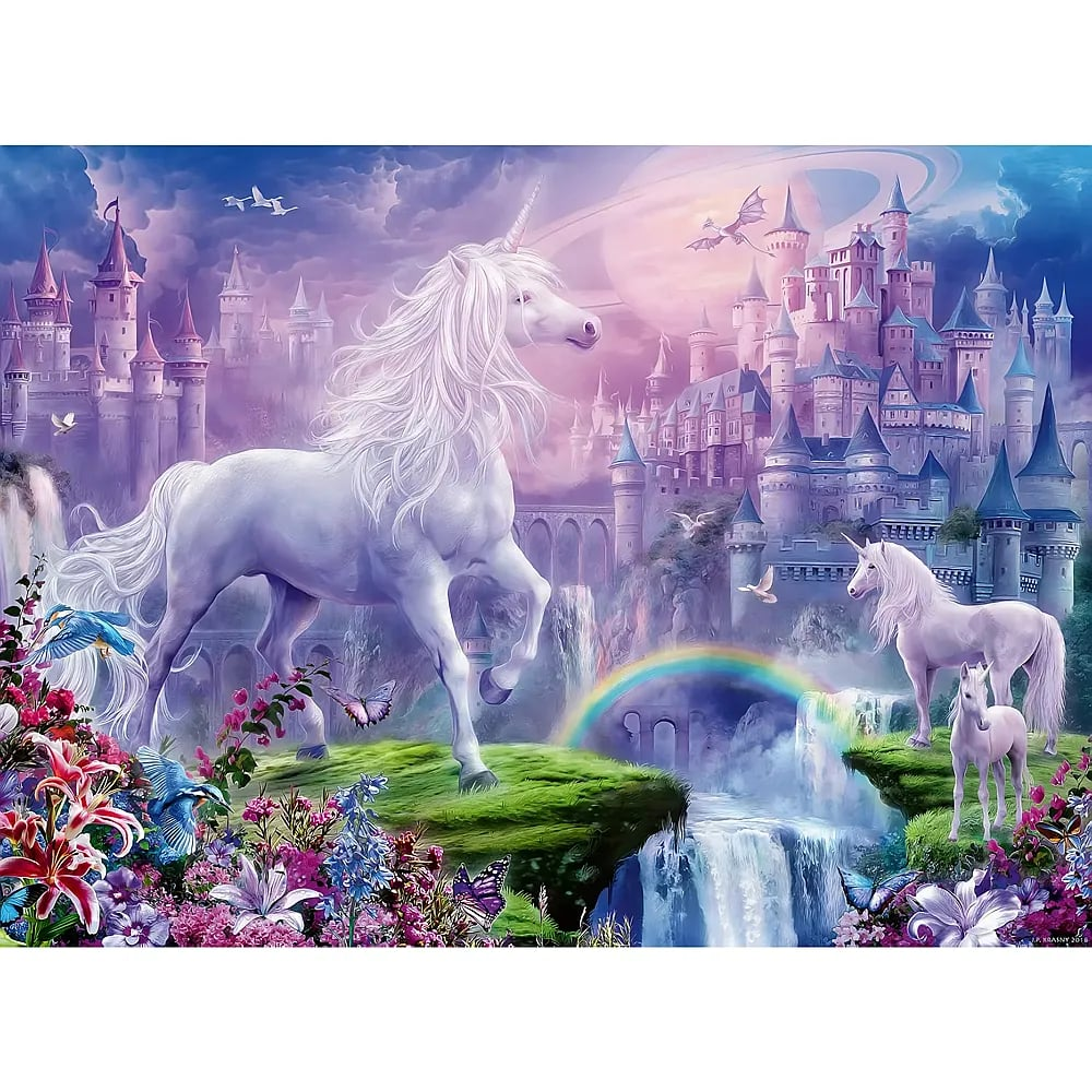 Ein majestätisches weißes Einhorn steht vor einem Schloss, Wasserfall und Regenbogen unter einem violetten Himmel.