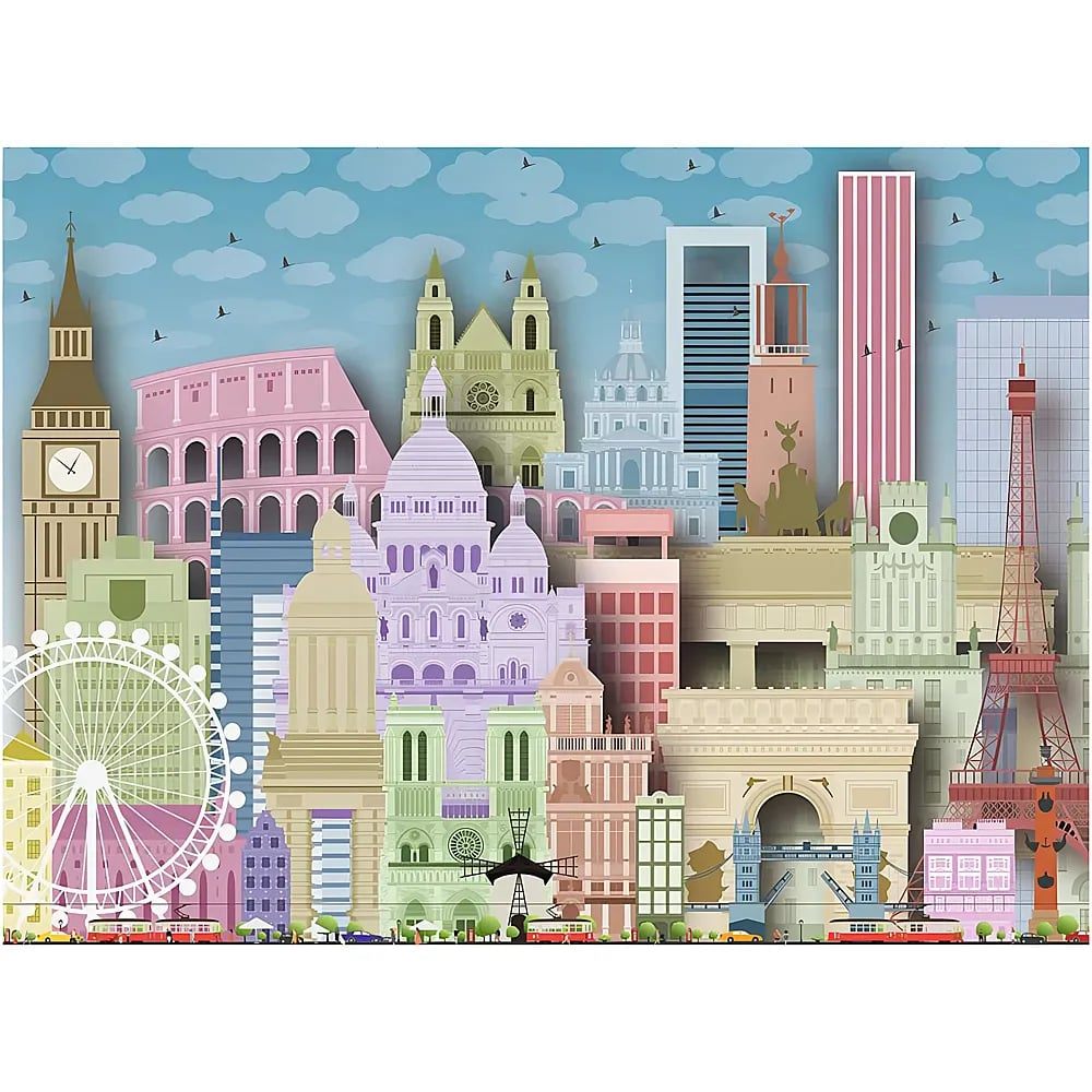 Eine illustrierte Stadtansicht zeigt berühmte globale Wahrzeichen, ein Riesenrad und Vögel am blauen Himmel.