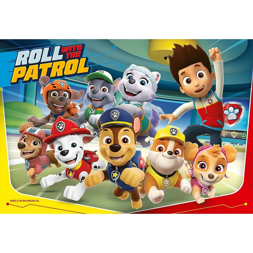 Ryder und die Paw Patrol Pups rennen glücklich zusammen und lächeln in einem bunten Cartoon.