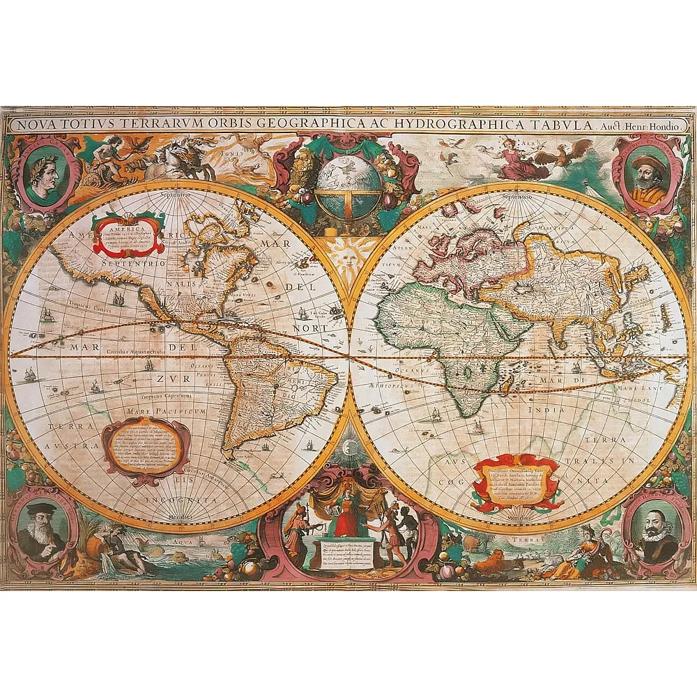 Un mapa mundial antiguo de doble hemisferio con cenefas alegóricas ornamentadas, retratos y texto en latín.
