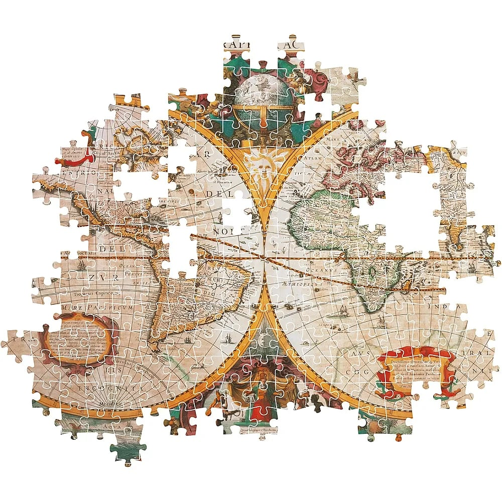 Un rompecabezas incompleto muestra un mapa mundial antiguo con bordes decorativos y piezas faltantes.