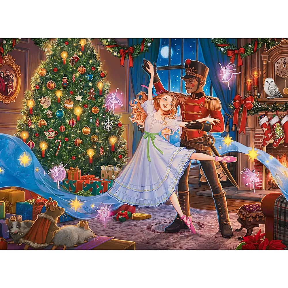 Ein Mädchen im weißen Kleid tanzt mit einem Nussknacker-Soldaten in einem festlichen Raum mit Weihnachtsbaum.