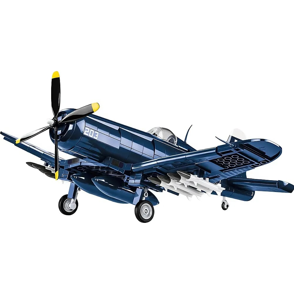 Ein dunkelblaues Spielzeug-Propellerflugzeug mit Raketen und Fahrwerk vor weißem Hintergrund.