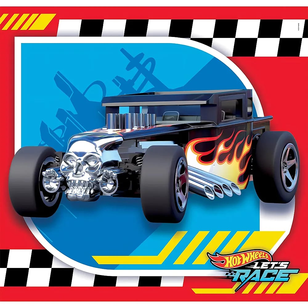 Ein schwarzes Hot-Wheels-Auto mit Chrom-Totenkopf, Flammenmuster und Rennstrecken-Hintergrund.