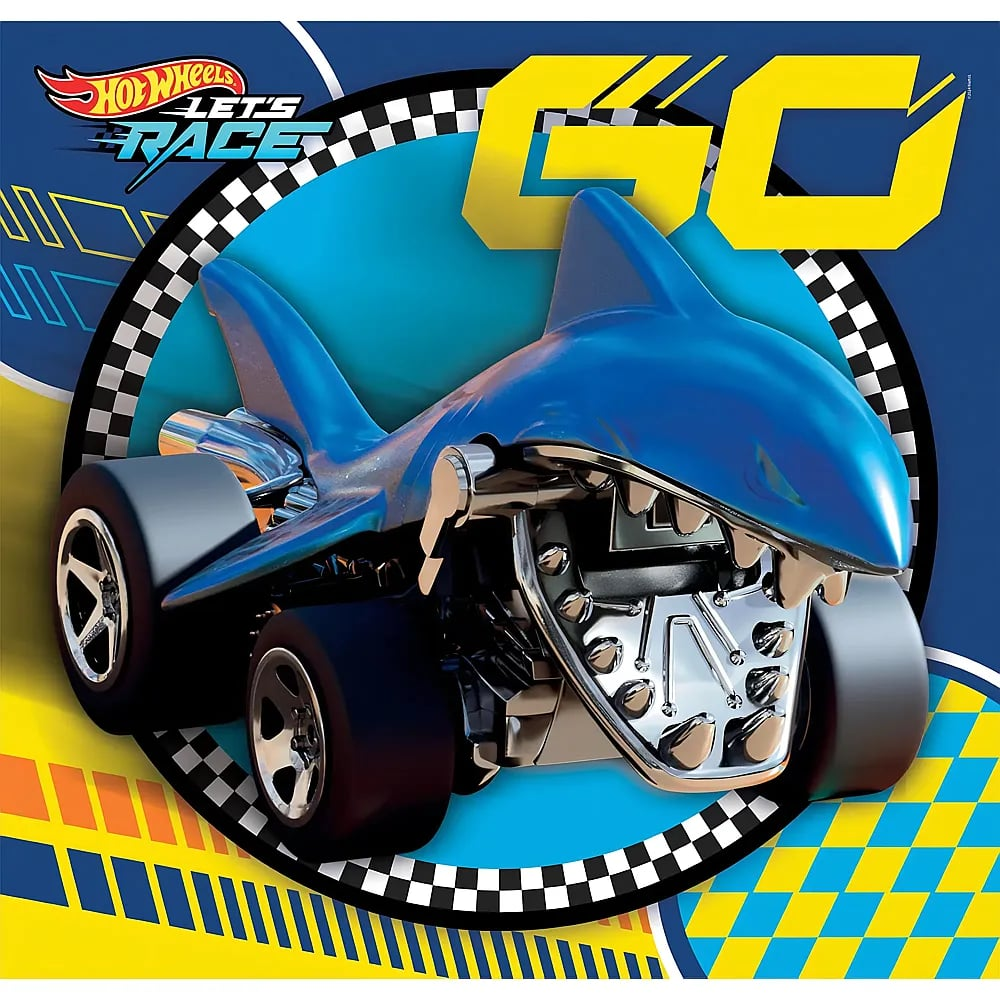 Ein blaues haielförmiges Hot Wheels Spielzeugauto vor kariertem Hintergrund mit dem Wort GO.