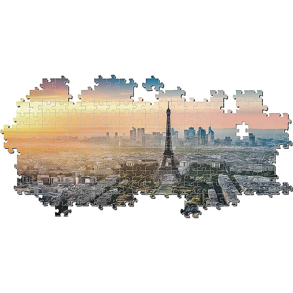 Un rompecabezas inacabado que muestra una vista aérea panorámica de París al atardecer.
