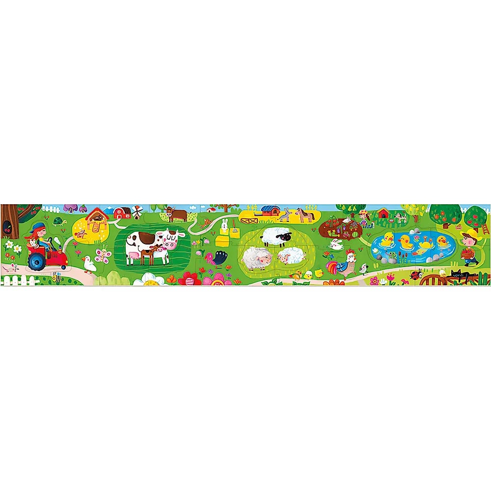 Un colorido puzle de granja con vacas, ovejas, patos, un tractor y escenas de granero en un paisaje horizontal.