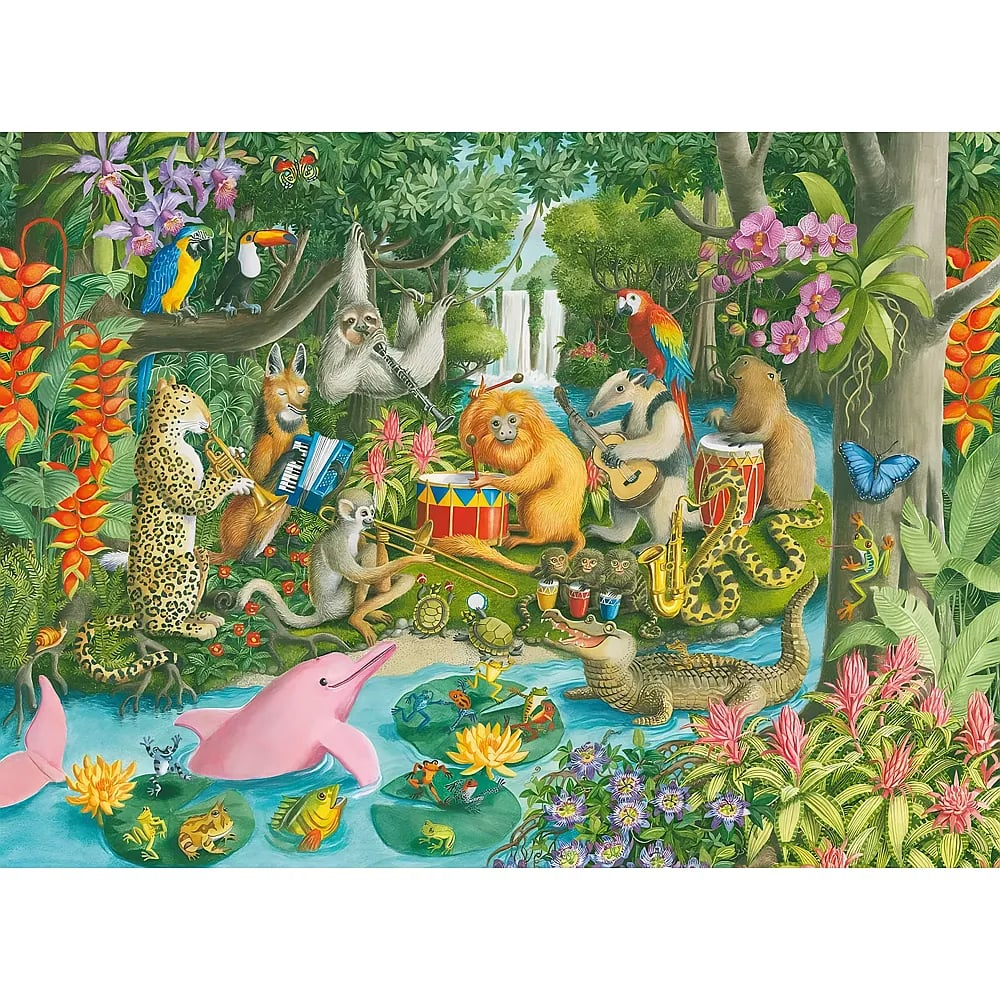 Dschungeltiere spielen Musikinstrumente in einem üppigen Wald an einem Fluss und Wasserfall.
