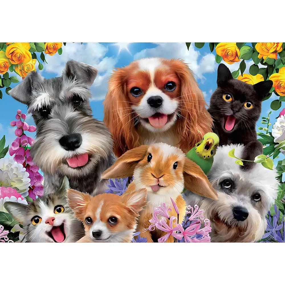 Eine fröhliche Gruppe aus Hunden, Katzen, einem Kaninchen und einem Vogel inmitten von bunten Blumen und blauem Himmel.