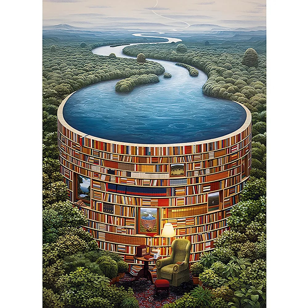 Una grande libreria circolare in una foresta, la cui superficie superiore è un fiume che prosegue in lontananza.