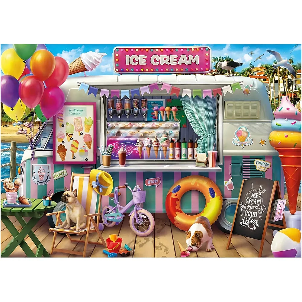 Un colorido camión de helados en la playa con globos, una bicicleta, dos perros, un flotador y un letrero de helados.