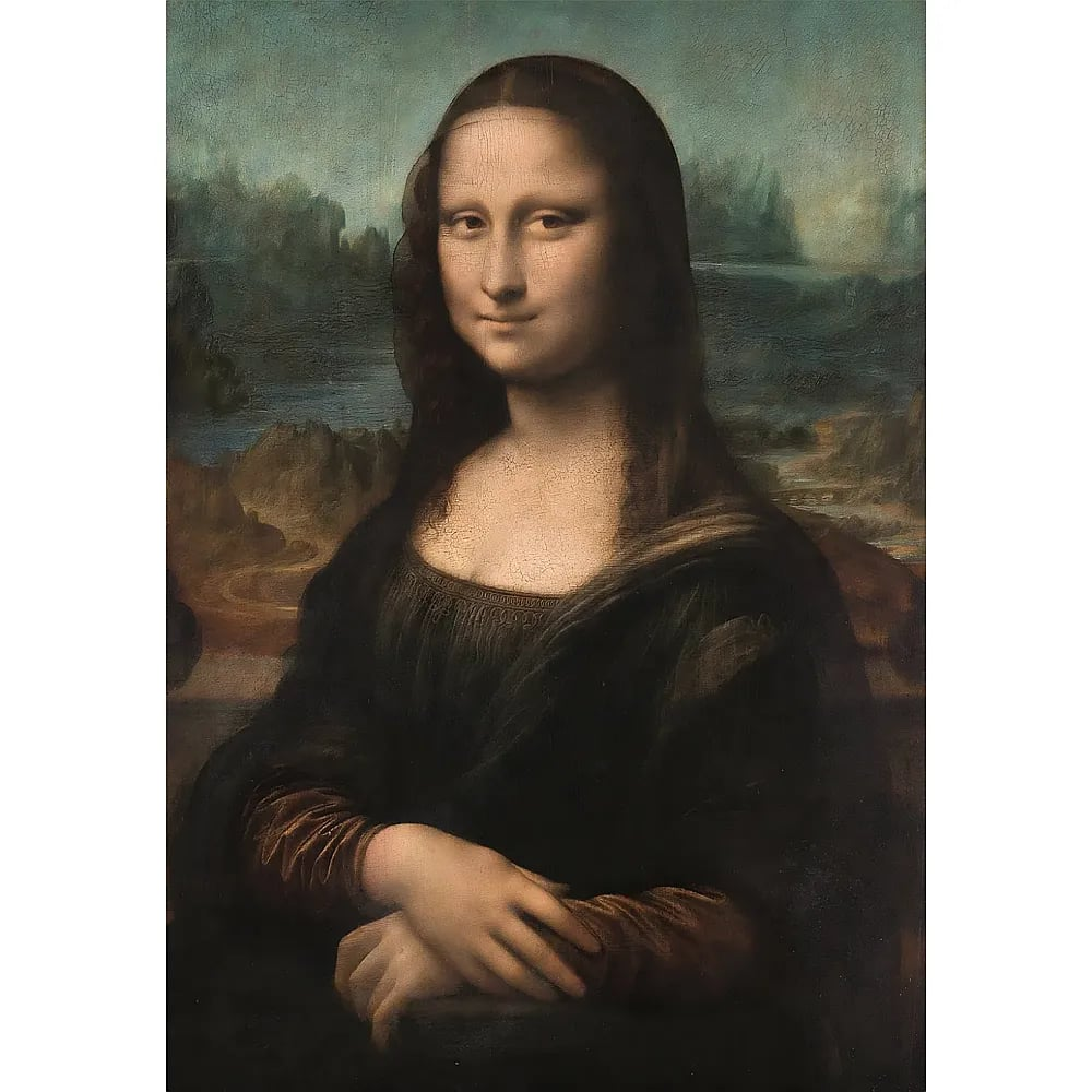 Pintura de la Mona Lisa con vestido oscuro y sonrisa enigmática frente a un paisaje montañoso.