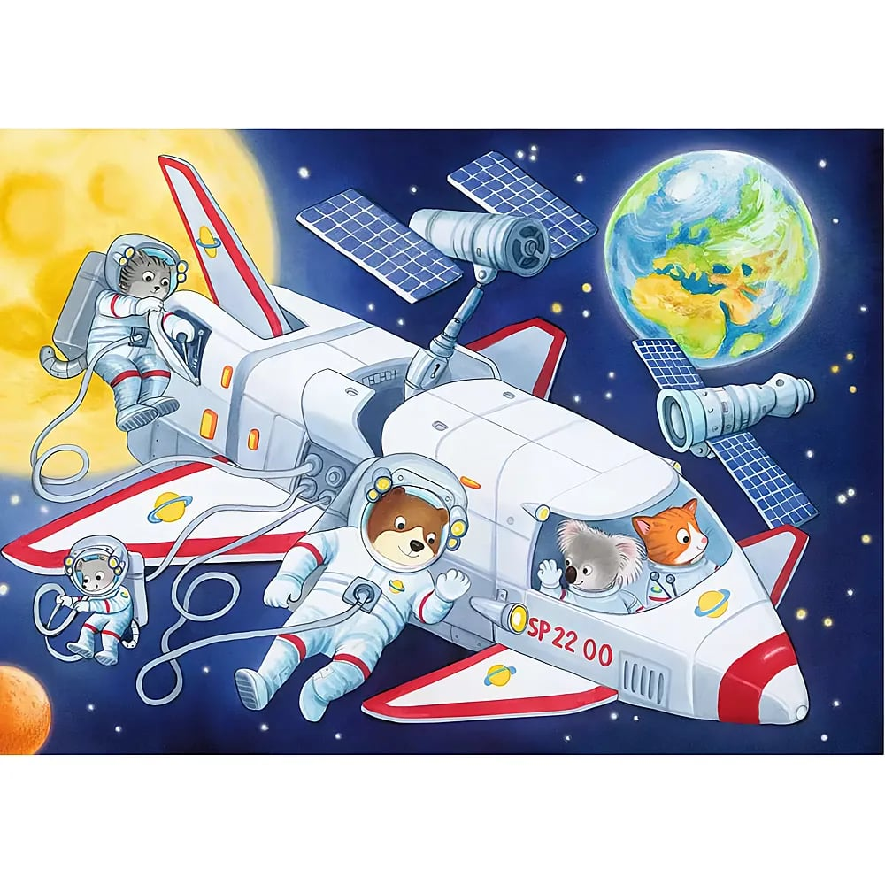 Tiere als Astronauten in einem Raumschiff im Weltall mit Erde und Satelliten.