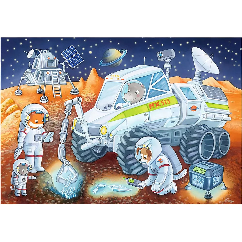 Tiere in Raumanzügen erforschen einen roten Planeten mit Lander und Rover, die Kristalle sammeln.