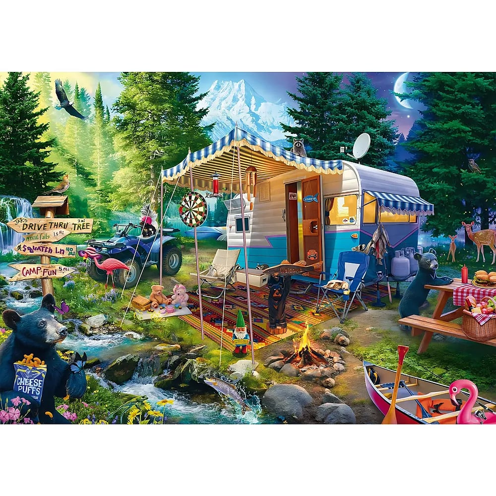 Buntes Wohnmobil im Wald mit Tieren, Fluss, Lagerfeuer, ATV und Bergen im Hintergrund bei Nacht.