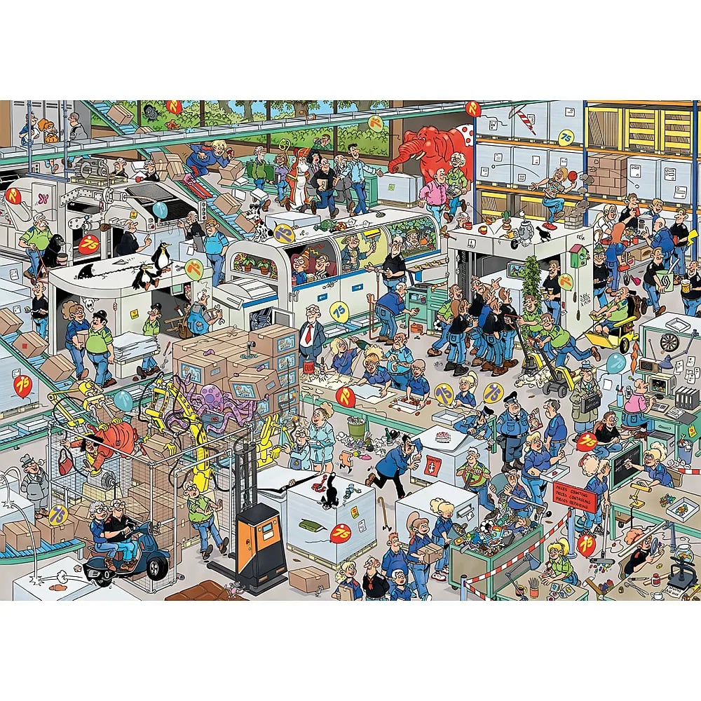 Wimmelbild einer geschäftigen Fabrik voller Arbeiter, Maschinen und skurriler Szenen.