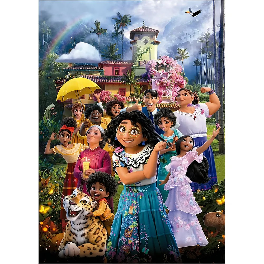 Colorati personaggi animati posano davanti a una casa vivace con uno sfondo tropicale.