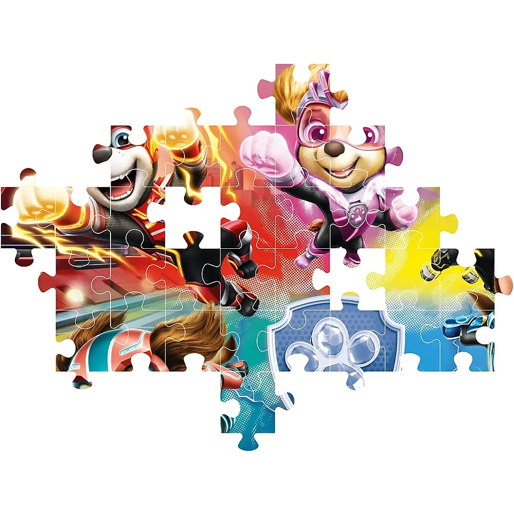 Ein buntes Paw-Patrol-Puzzle zeigt actionreiche Cartoon-Hunde in Superhelden-Kostümen.