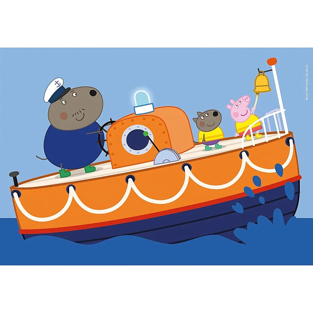El capitán Perro guida un barco naranja y azul con Peppa Pig y Danny Dog en el mar.
