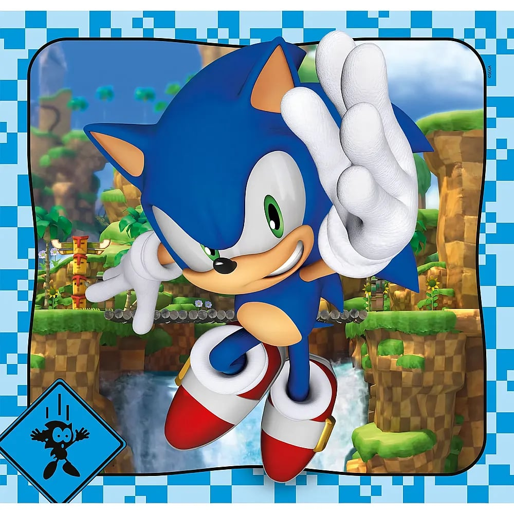 Sonic der Igel posiert dynamisch vor einer Dschungel-Szenerie mit Wasserfällen und grünen Klippen.