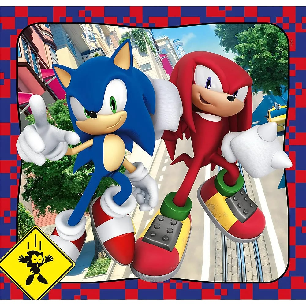 Sonic und Knuckles posieren dynamisch in einer Stadt Straße mit buntem Hintergrund.