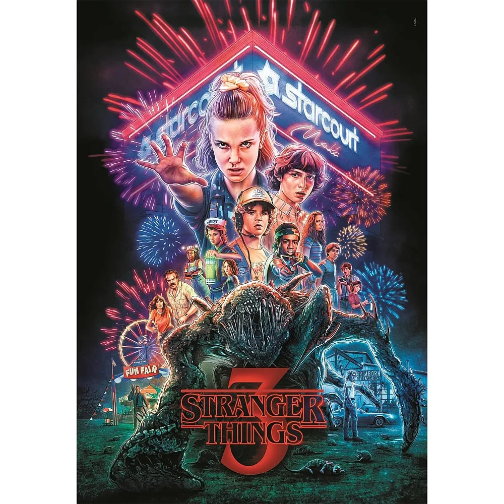 Póster de Stranger Things 3 con personajes, fuegos artificiales, Starcourt Mall y una criatura monstruosa.