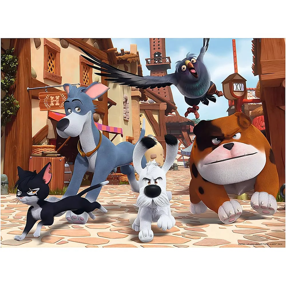 Ein animierter Hund, eine Katze, ein anderer Hund, eine Bulldogge und ein Vogel rennen durch ein Straßendorf.