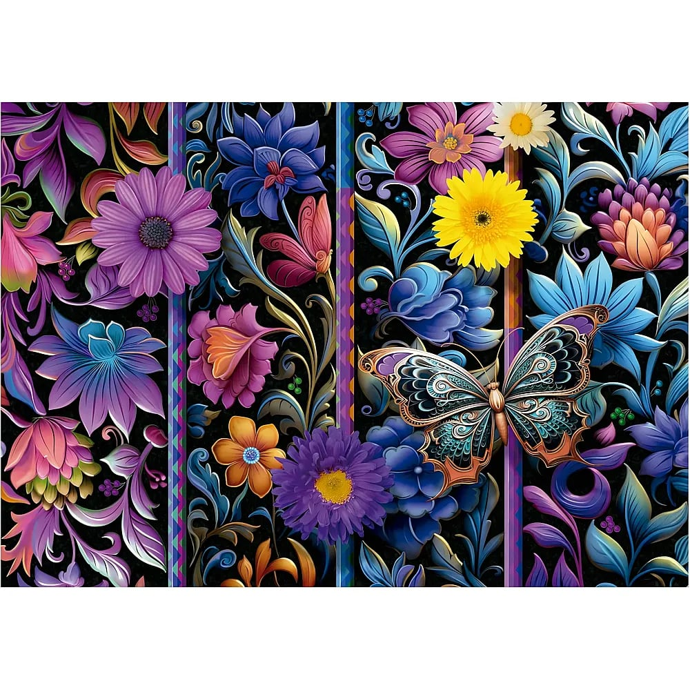 Farbenfrohe Illustration mit detaillierten Blumen und einem gemusterten Schmetterling vor schwarzem Hintergrund.