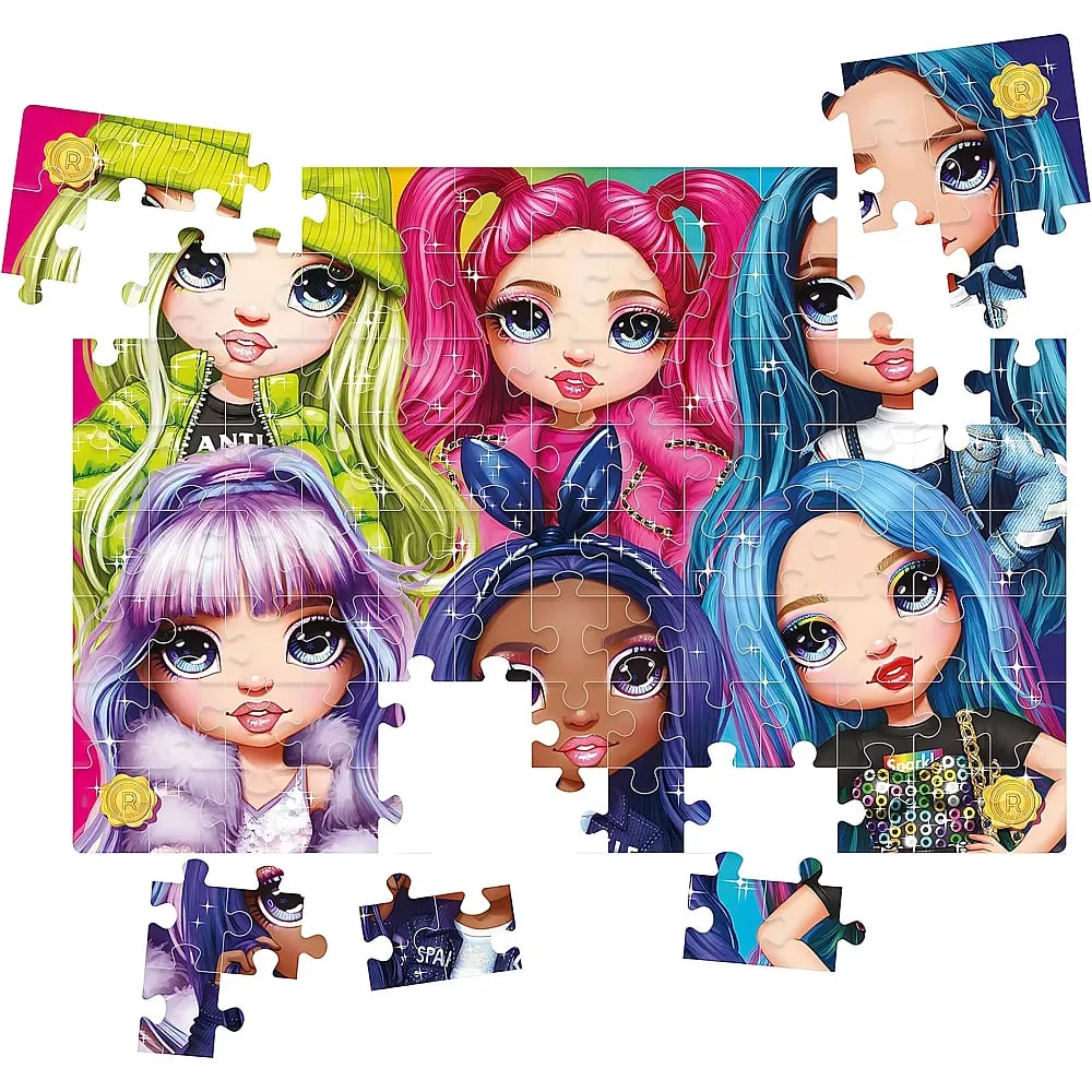 Un colorato puzzle Rainbow High con più bambole dai capelli colorati.