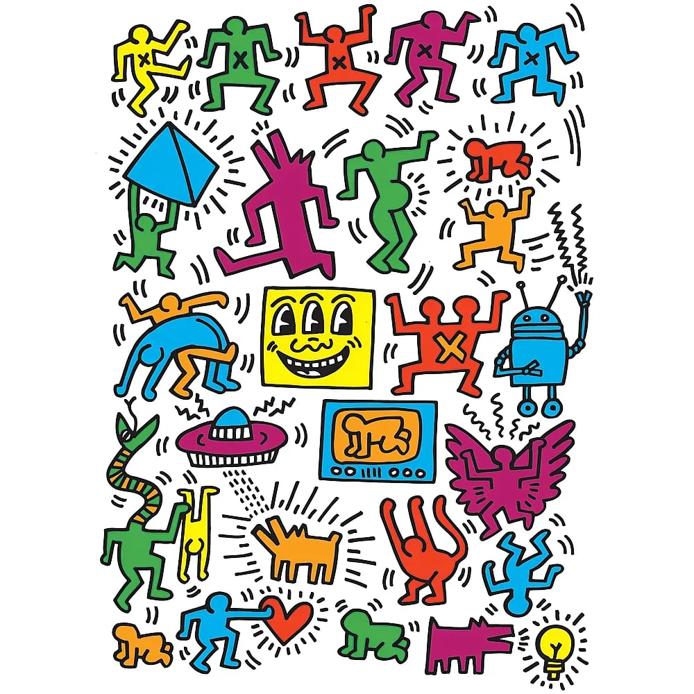 Bunte Pop-Art-Kritzeleien im Keith-Haring-Stil mit tanzenden Figuren, lächelndem Gesicht, Roboter, UFO und Hund.