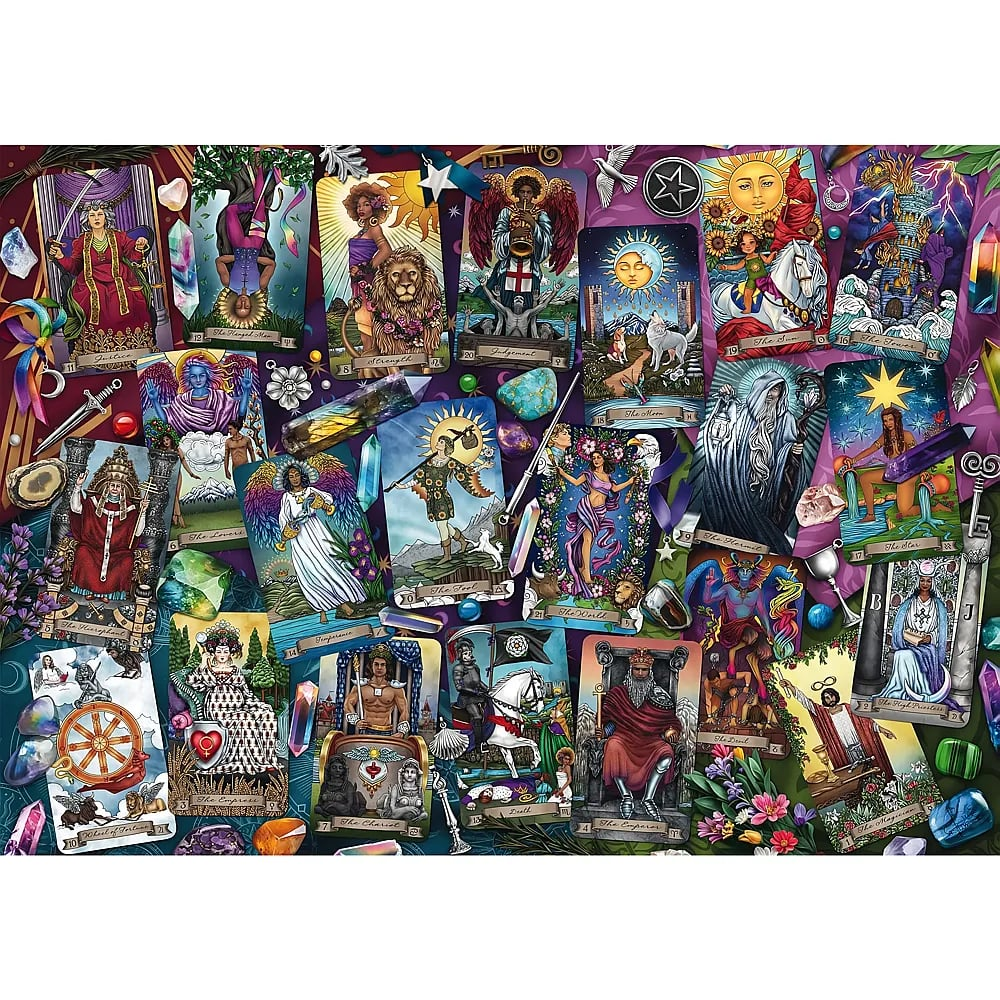 Eine bunte Sammlung von bunten Tarotkarten mit verschiedenen magischen Szenen und Symbolen.