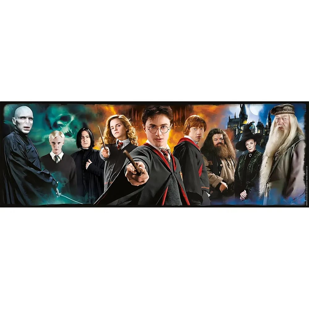 Harry Potter und andere Hauptfiguren vor dem Schloss Hogwarts.